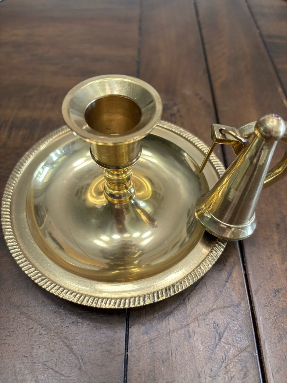 Vintage brass chamberstick candle holder with snuffer